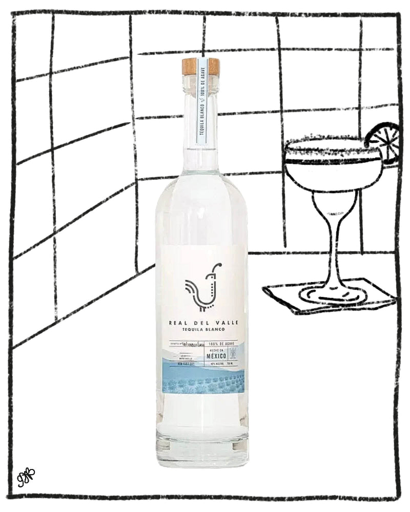 Tequila bottle with a cocktail illustration on a grid background