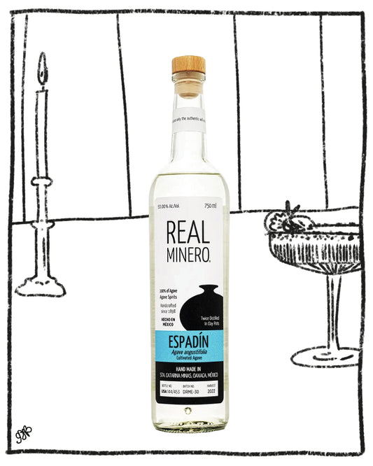 A bottle of Real Minero Espadín tequila centered on a white background with a hand-drawn black sketch of a candlestick, table setting, and margarita glass behind it.