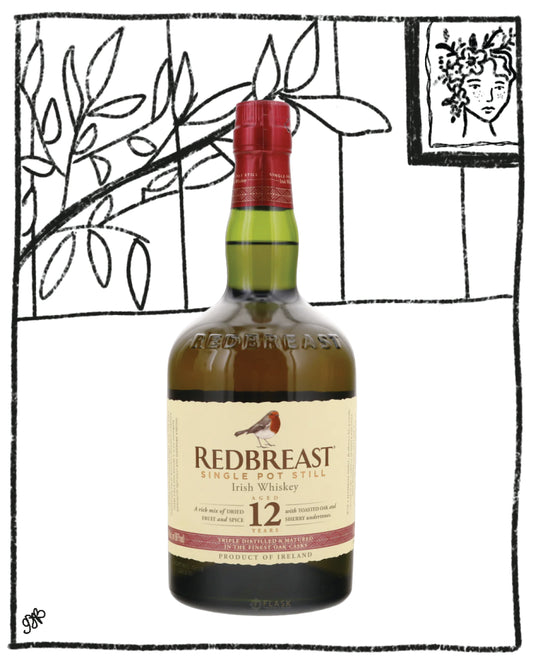 Redbreast Irish Whiskey bottle with a decorative black and white background