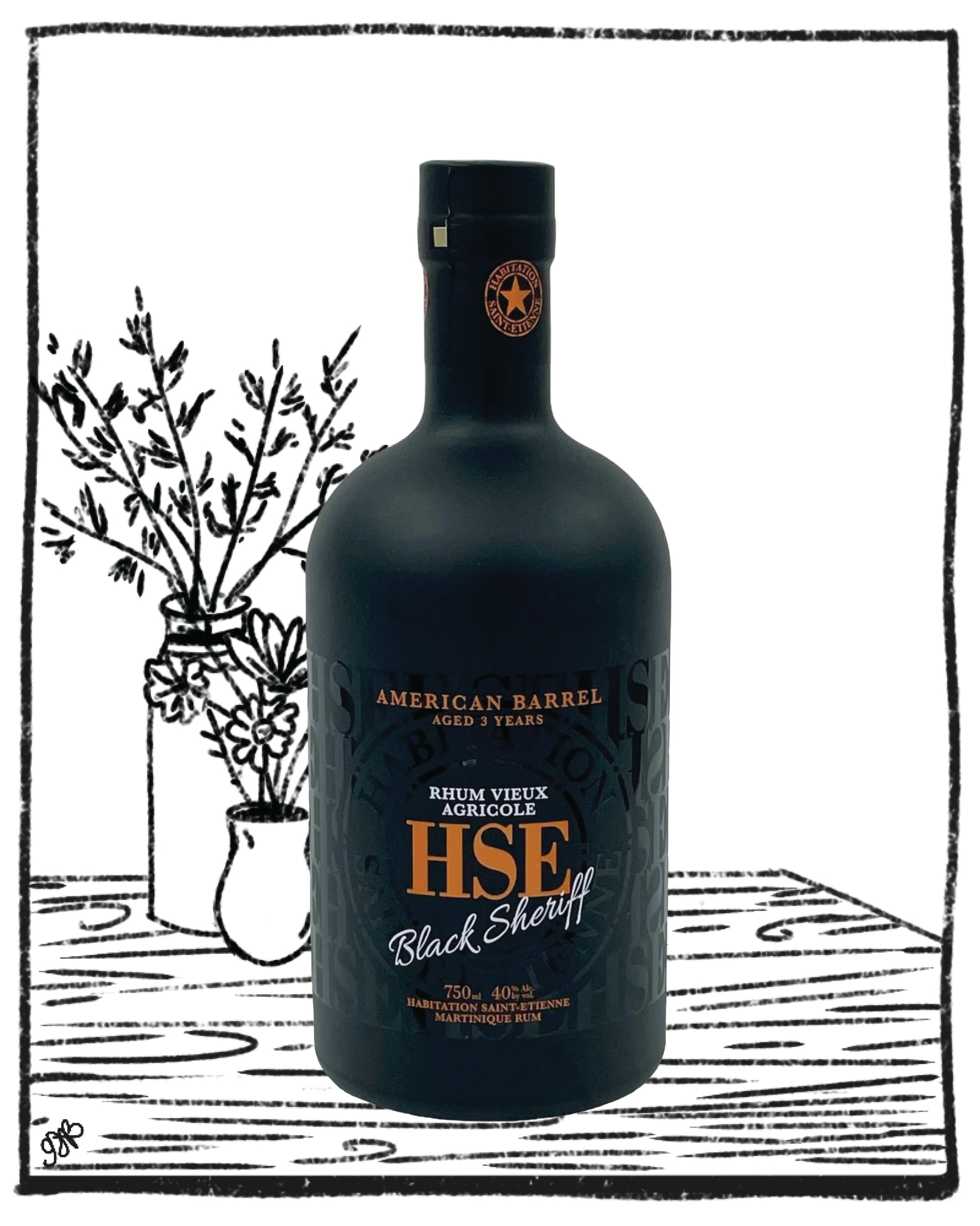 Bottle of HSF Black Sheriff rum on a wooden surface with a minimalistic background