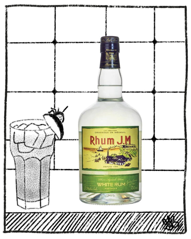Bottle of Rhum J.M. White Rum with a glass of ice on a black and white grid background