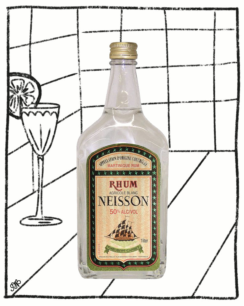Bottle of Rhum Neisson with a glass illustration on a black and white grid background