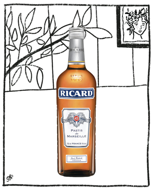 Bottle of Ricard pastis with a black and white drawing in the background