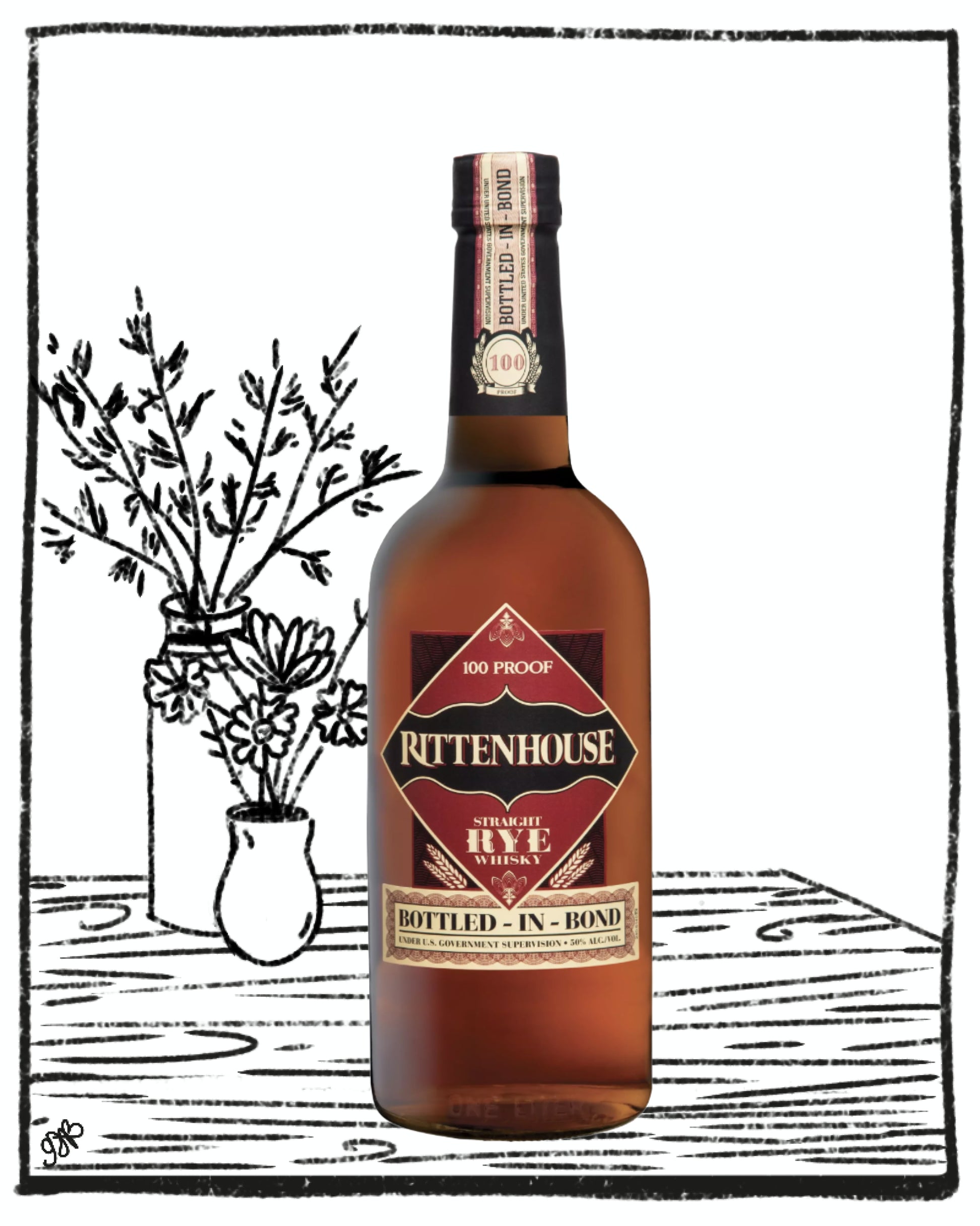 Rittenhouse Rye whiskey bottle on a wooden surface with a minimalistic background