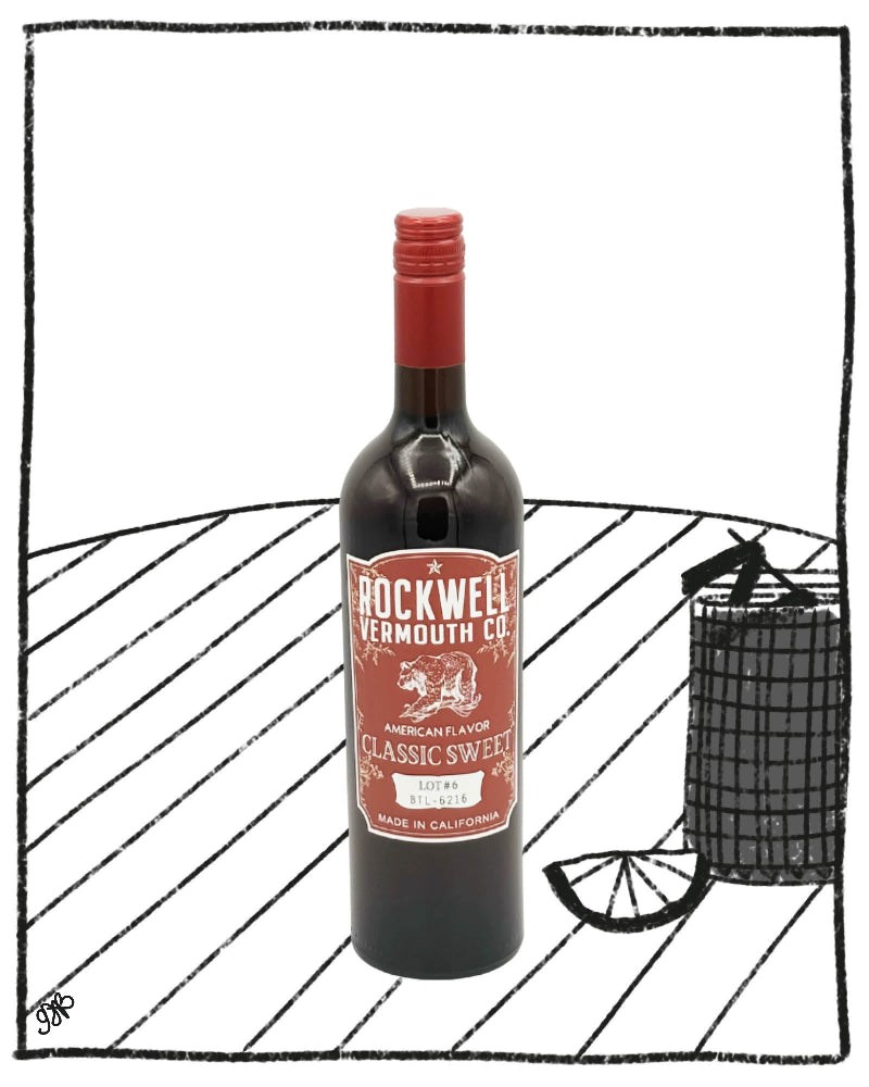 Bottle of Rockwell Vermouth Co. Classic Sweet vermouth on a white background with black line art.