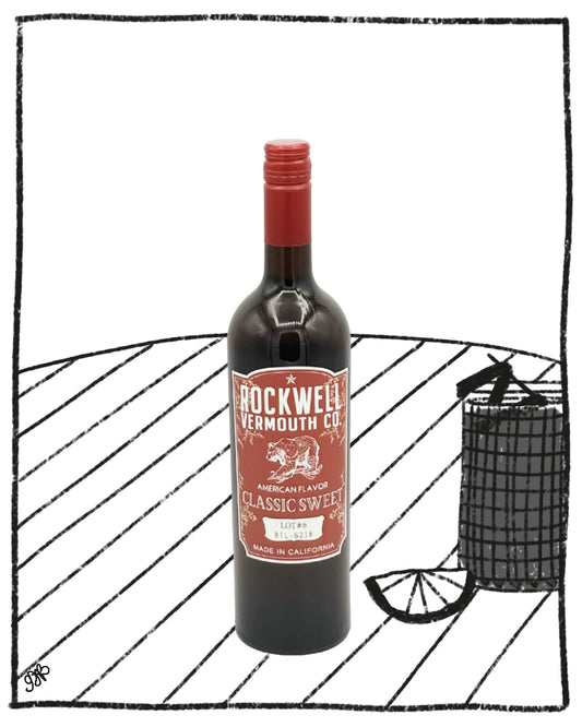 Bottle of Rockwell Vermouth Co. Classic Sweet vermouth on a white background with black line art.