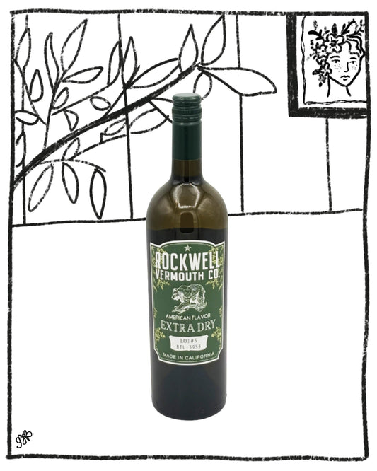 Bottle of Rockwell Vermouth Co. Extra Dry vermouth with a decorative black and white border.