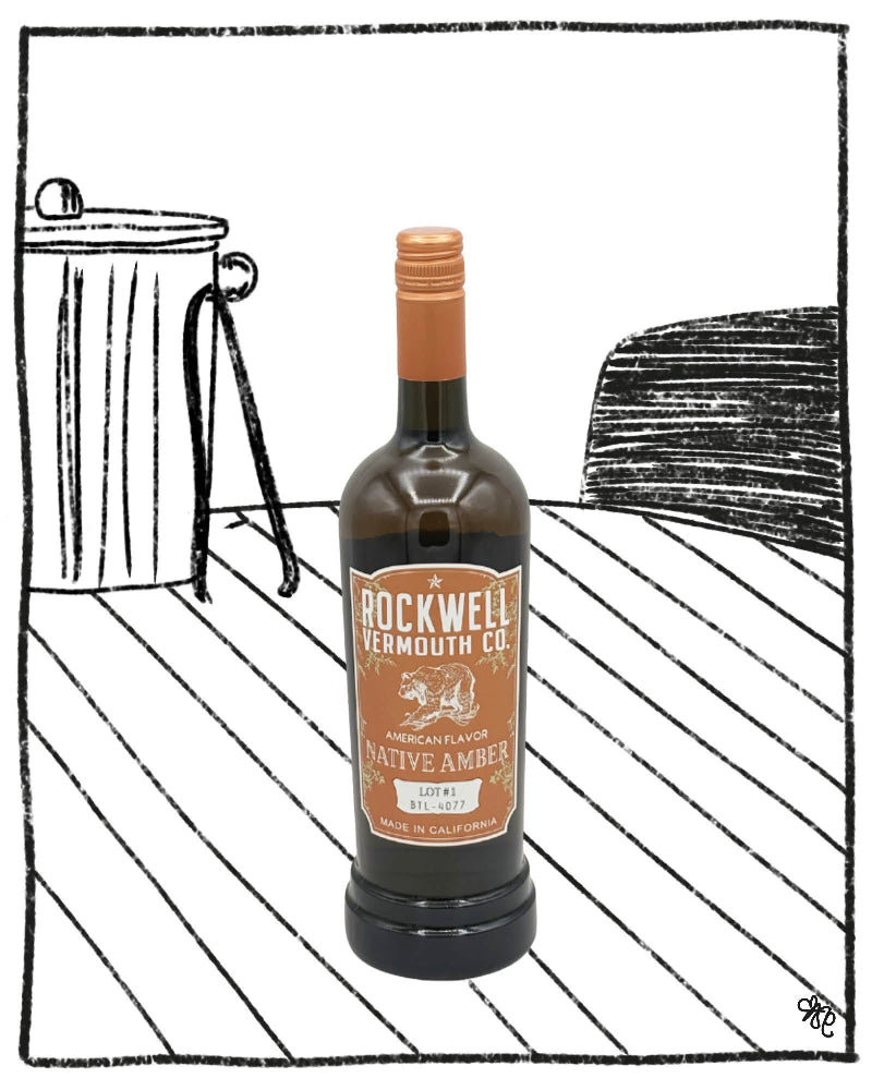 Bottle of Rockwell Vermouth Co. Native Amber on a white background with black line art.