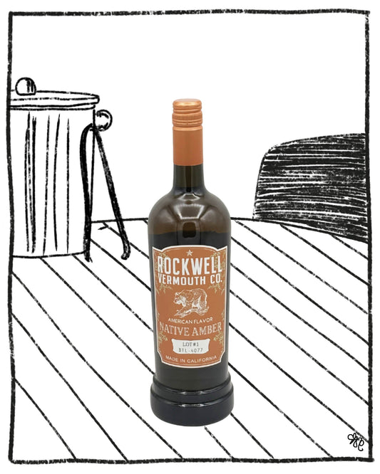 Bottle of Rockwell Vermouth Co. Native Amber on a white background with black line art.