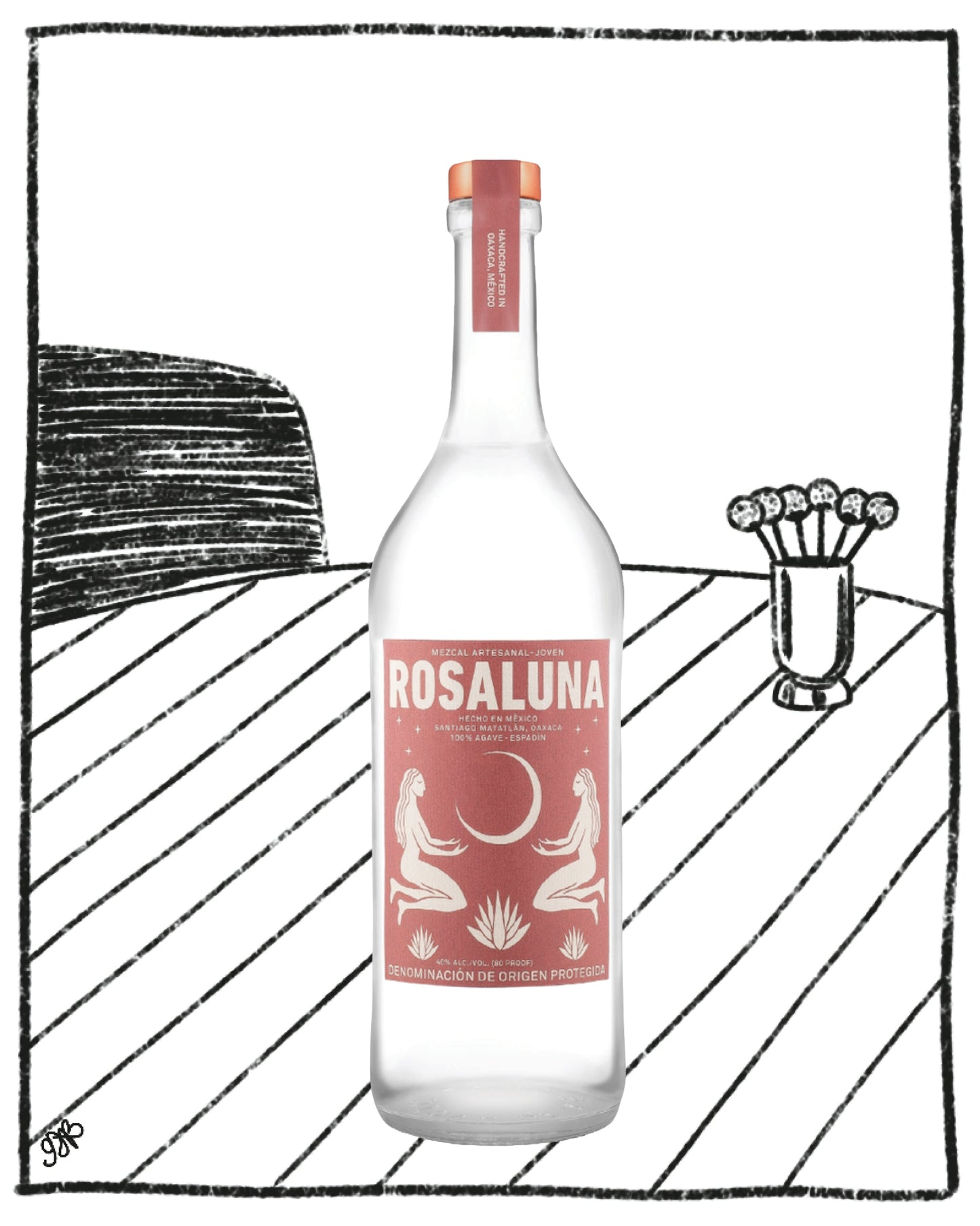 Bottle of Rosaluna on a black and white striped background