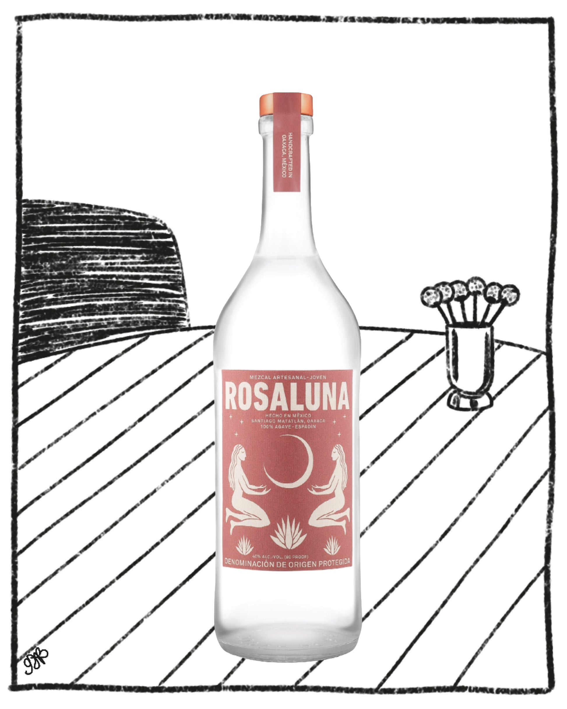 Bottle of Rosaluna on a black and white striped background