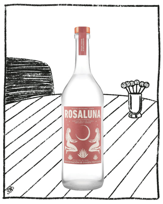 Bottle of Rosaluna on a black and white striped background