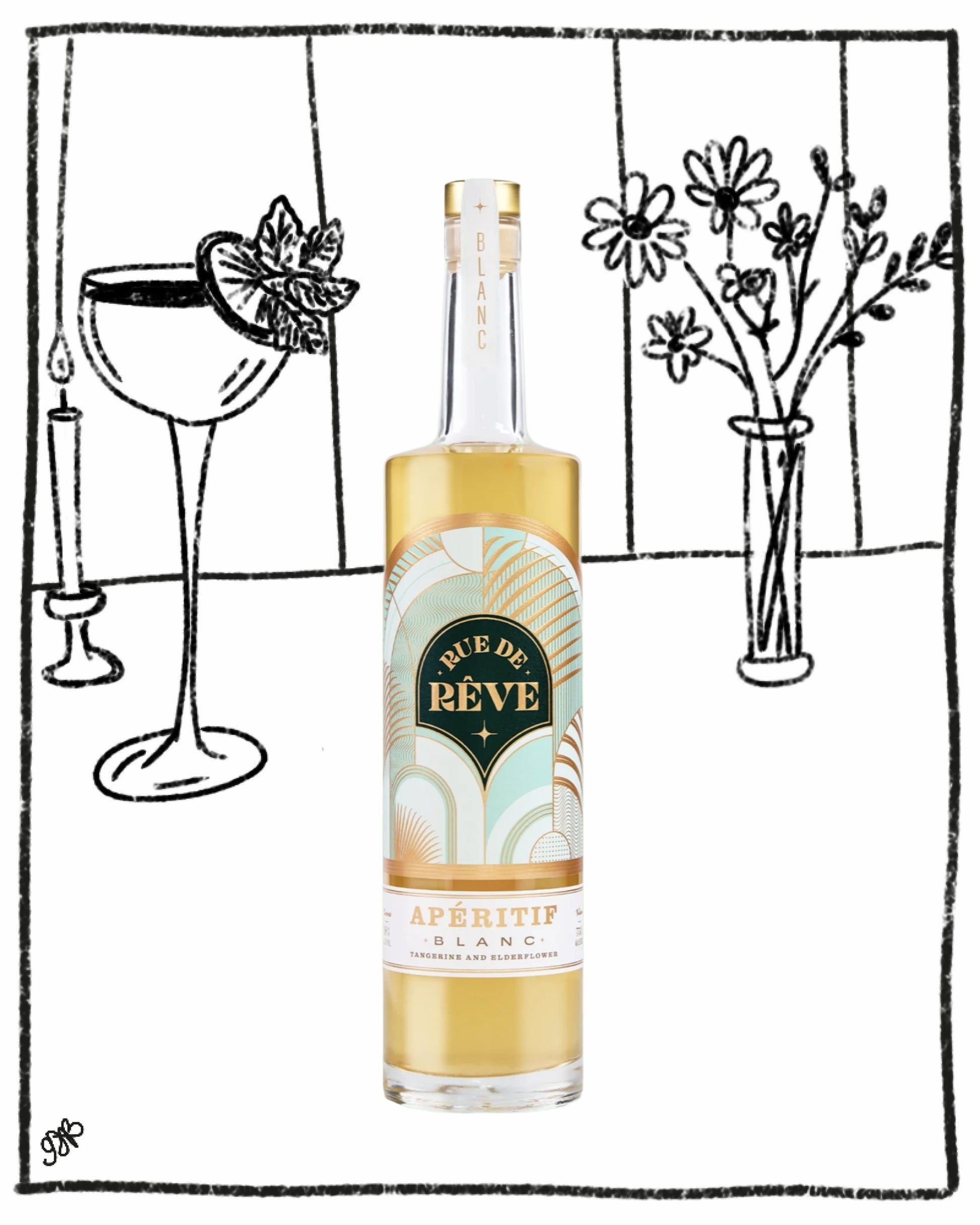 Bottle of 'RÃƒÂ¨ve' aperitif with a cocktail glass and flowers in the background