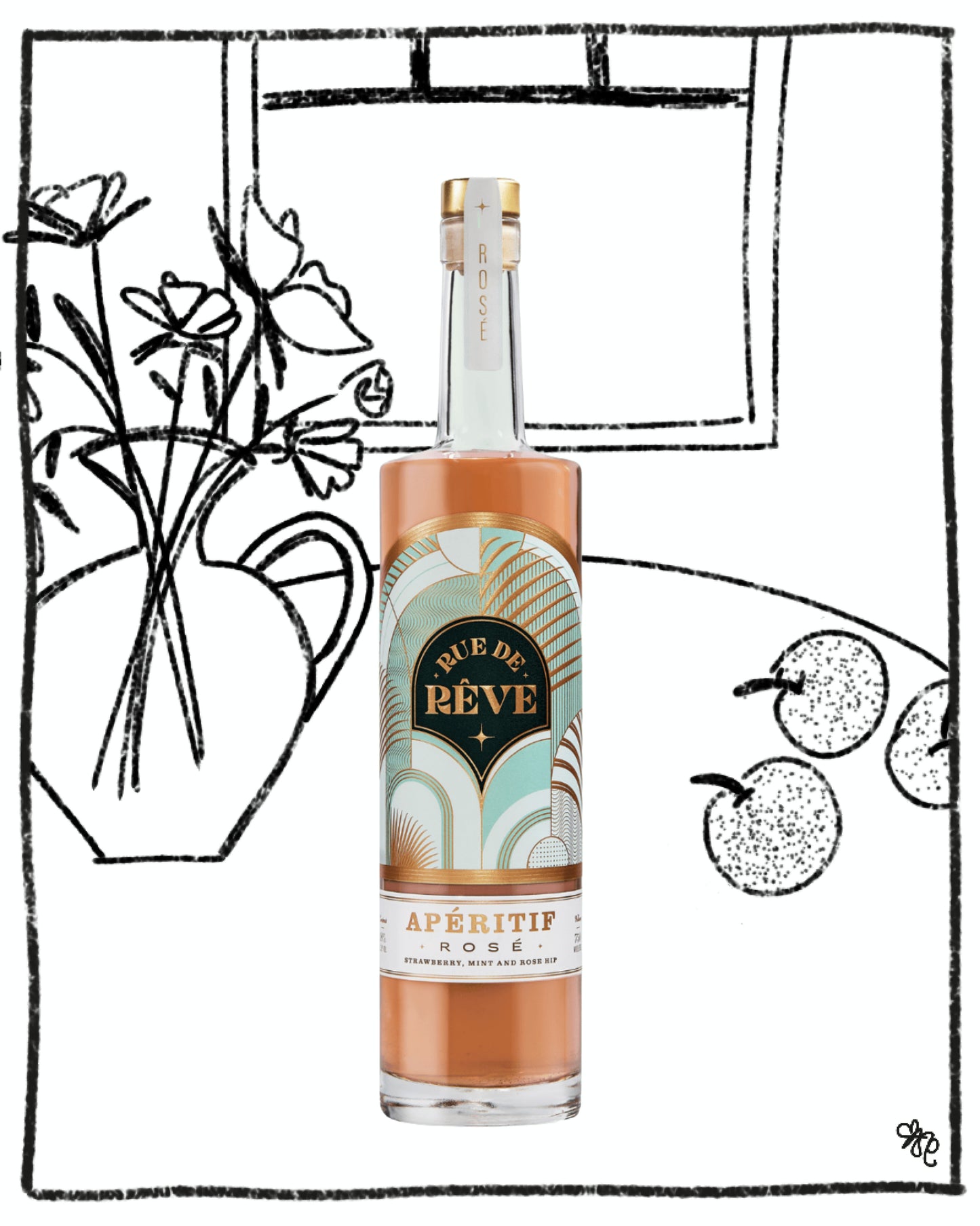 Bottle of 'RÃƒÂ¨ve de RÃƒÂ¨ve' apÃƒÂ©ritif rose with decorative elements in the background