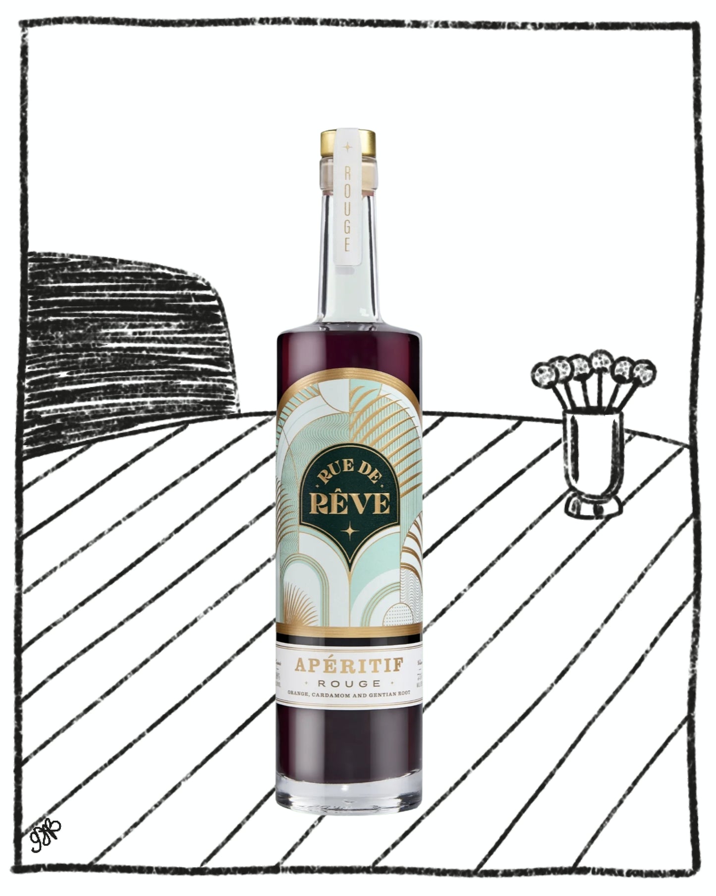 Bottle of MÃƒÂ© de RÃƒÂ¨ve apÃƒÂ©ritif on a white background with black line art.