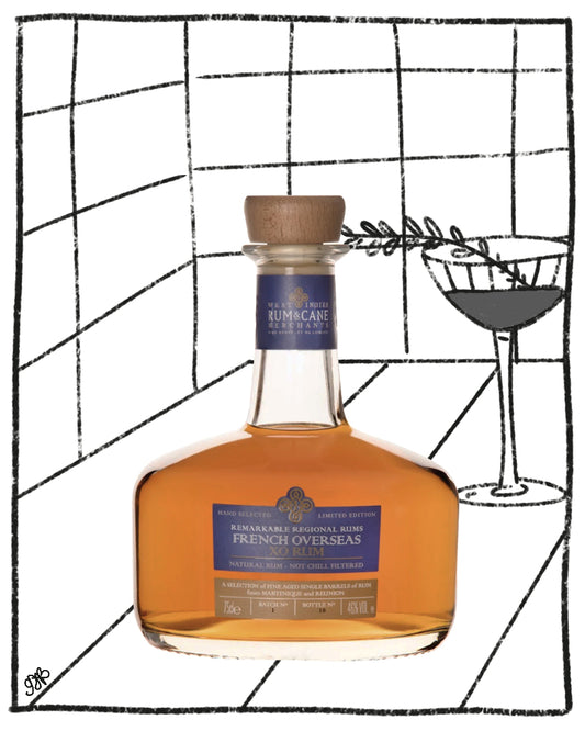 A bottle of RumCare French Overseas rum spirit with amber liquid, a blue label, and a wooden stopper, shown against a white background with a black hand-drawn grid and a cocktail glass illustration.