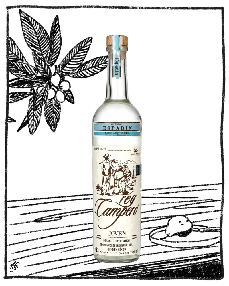 A bottle of Espadín Lley Campero Joven tequila centered on a white background with black illustrated botanical and table elements around it. The bottle label shows the brand name ESPADÍN and the product name Lley Campero Joven.