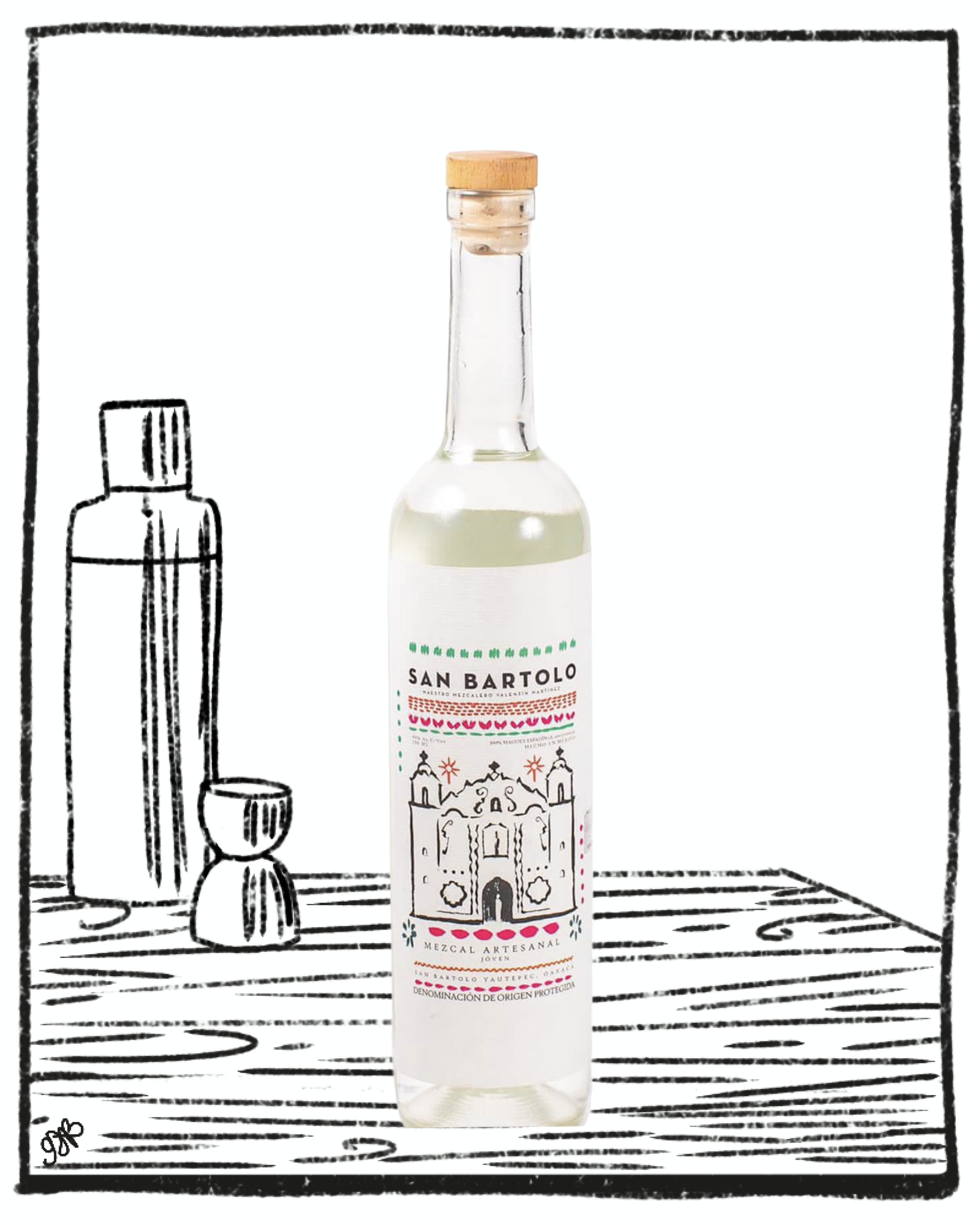 Bottle of San Bartolo with a decorative label on a black and white illustrated background