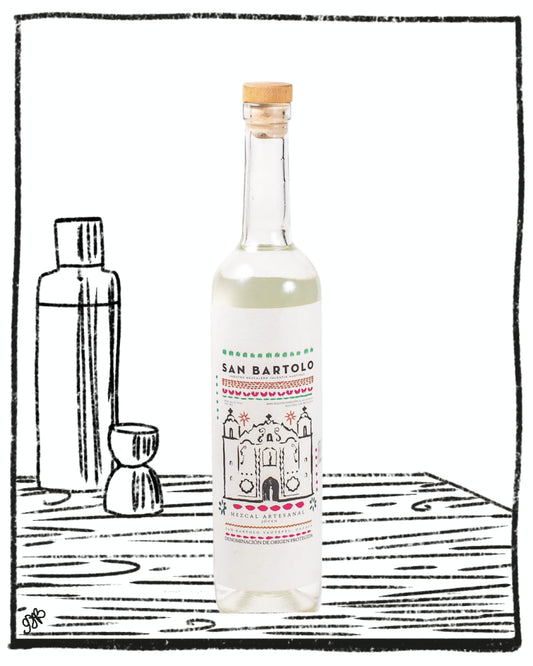 Bottle of San Bartolo with a decorative label on a black and white illustrated background