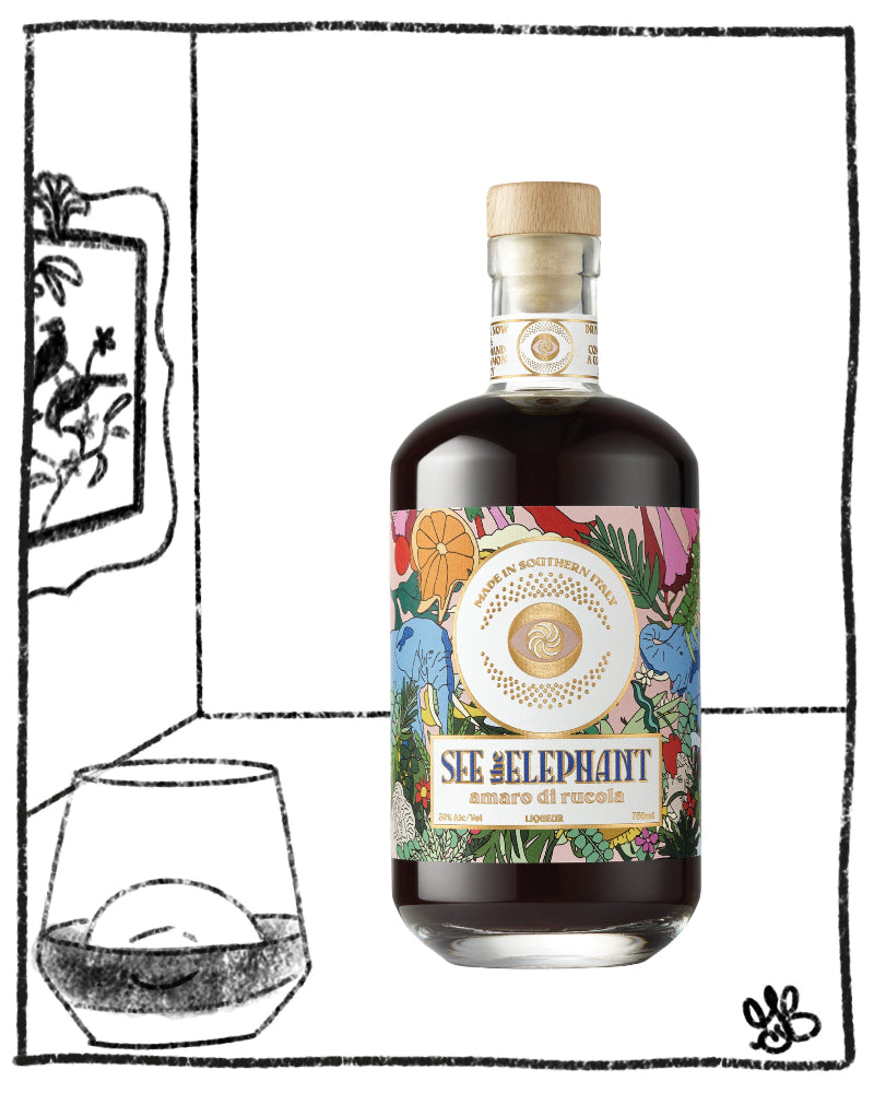 Bottle of SIE ELEPHANT amaro with a decorative label next to a glass on a white background.