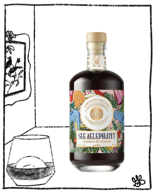 Bottle of SIE ELEPHANT amaro with a decorative label next to a glass on a white background.