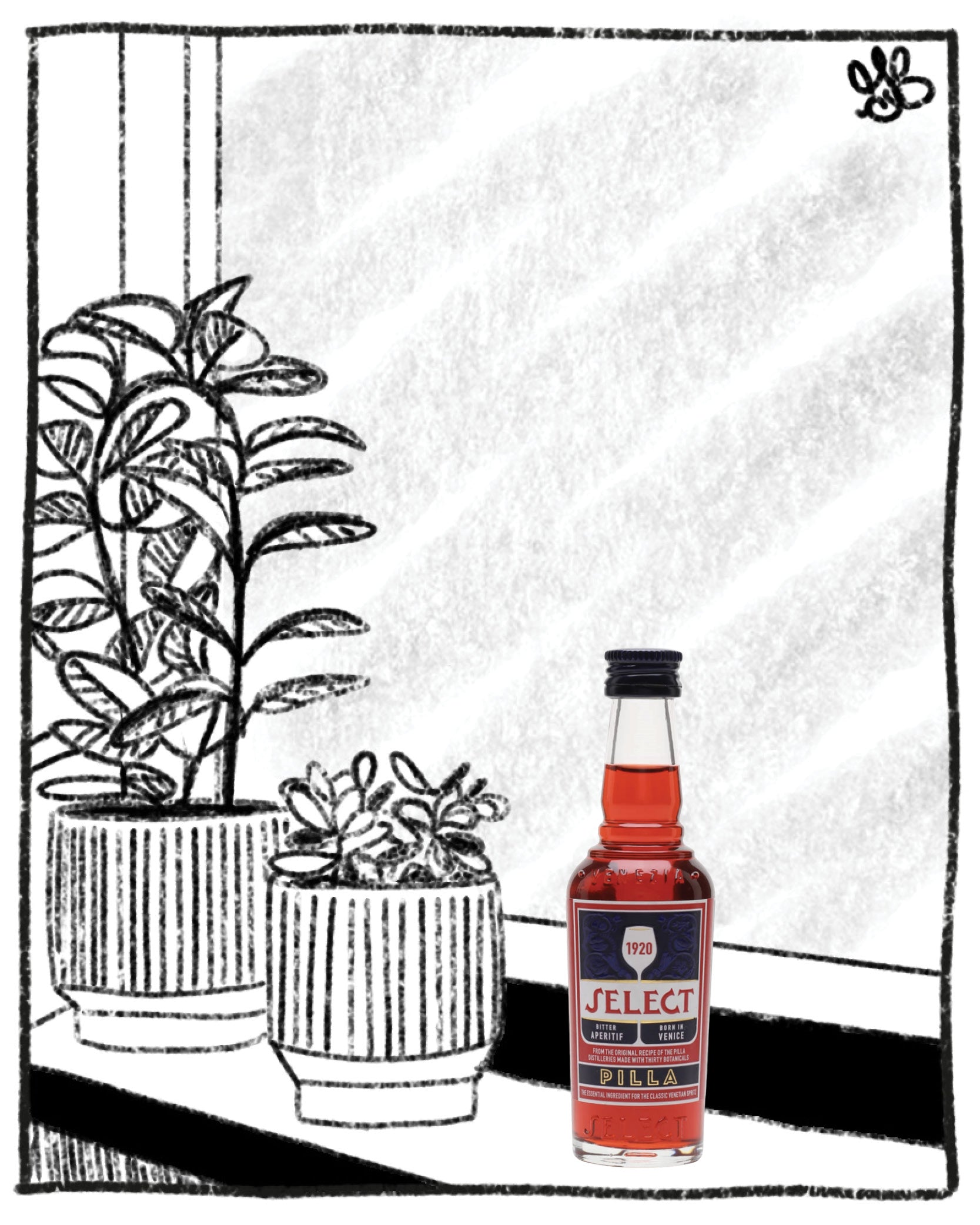 A hand-drawn black and white illustration of two potted plants beside a small bottle of Select Red Wine with a red liquid, set against a sketched window background.