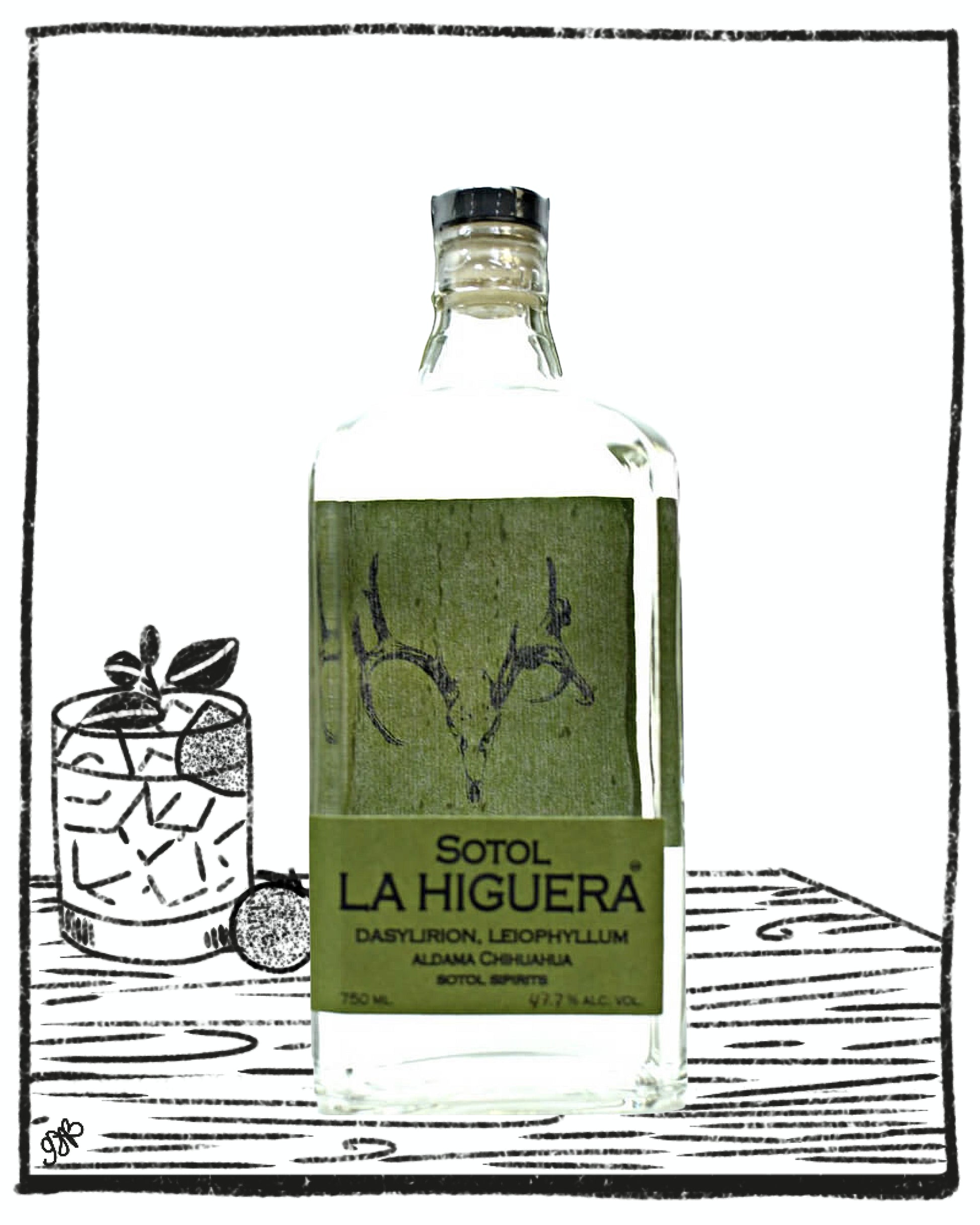 Sotol La Higuera bottle with green label on a white background