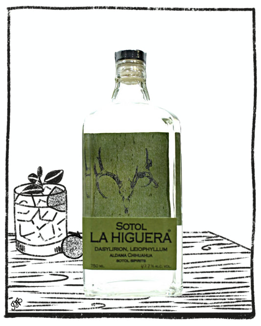 Sotol La Higuera bottle with green label on a white background