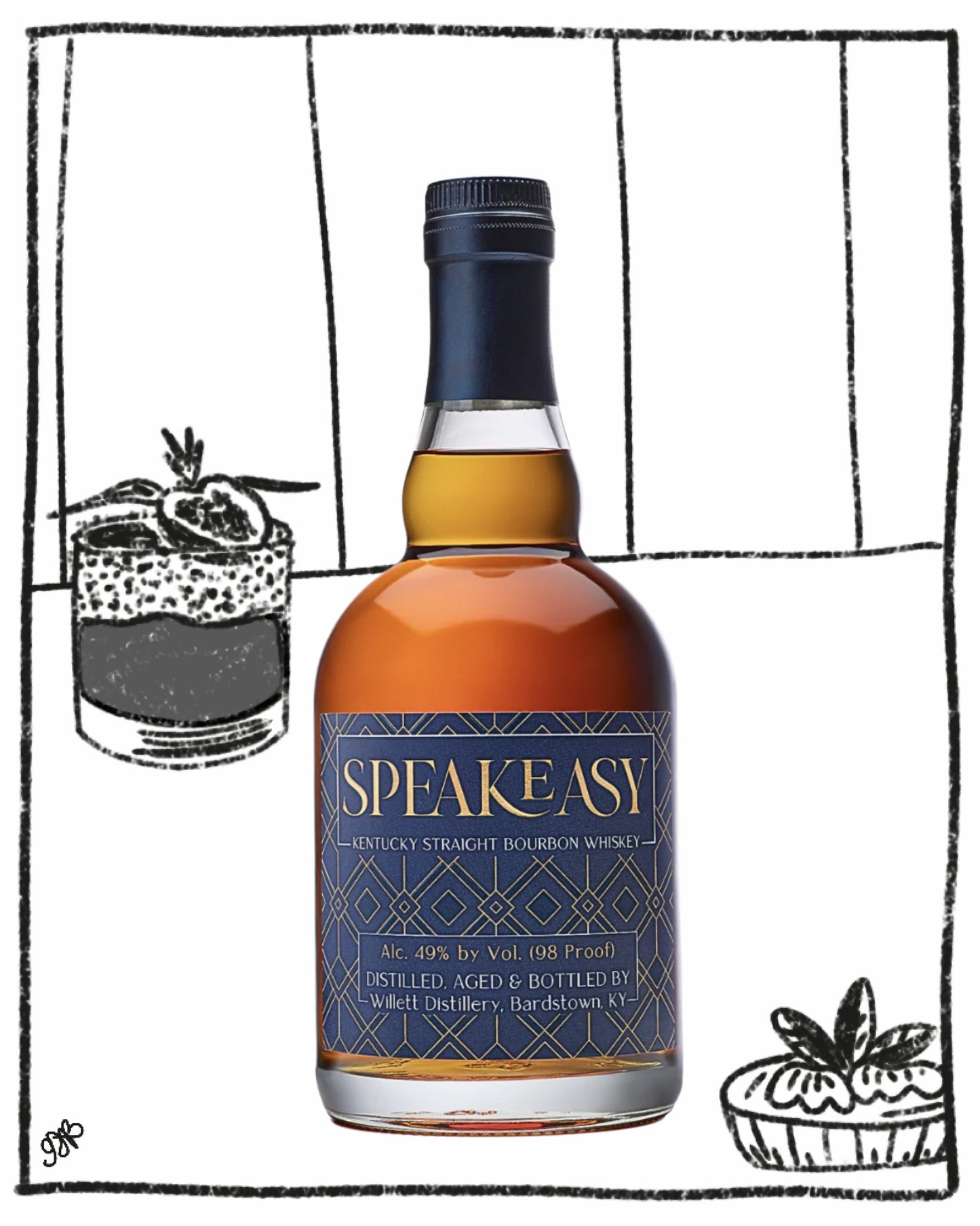 Speakeasy bourbon whiskey bottle with a cocktail illustration on a white background