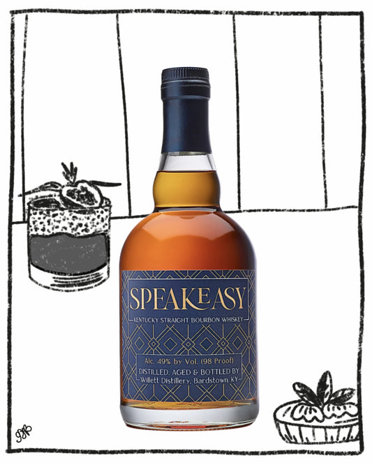 Speakeasy bourbon whiskey bottle with a cocktail illustration on a white background