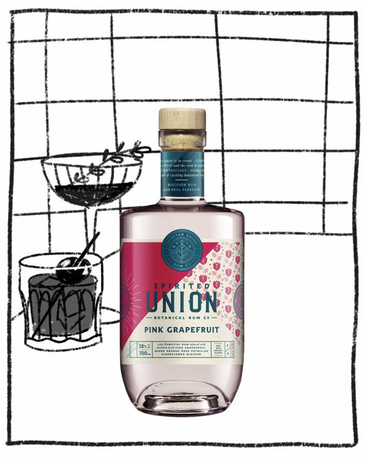 Bottle of 'Spirited Union Pink Grapefruit' gin with a cocktail illustration on a grid background