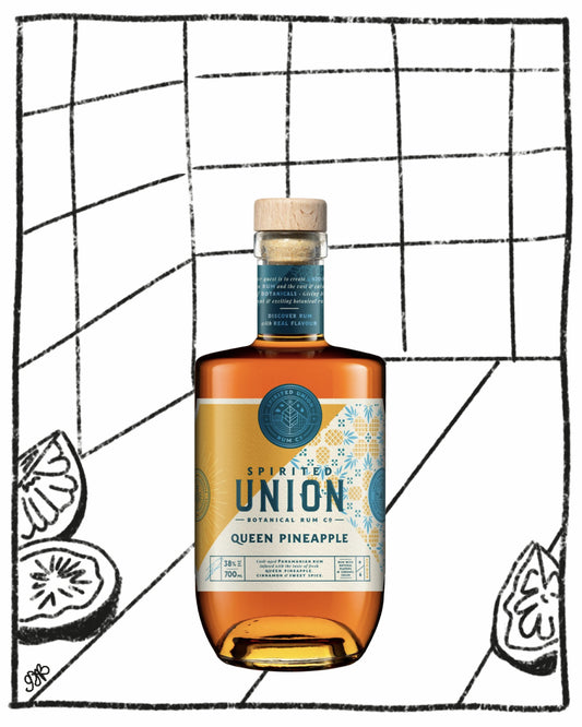 Bottle of 'Spirited Union Queen Pineapple' rum on a white background with black grid lines.