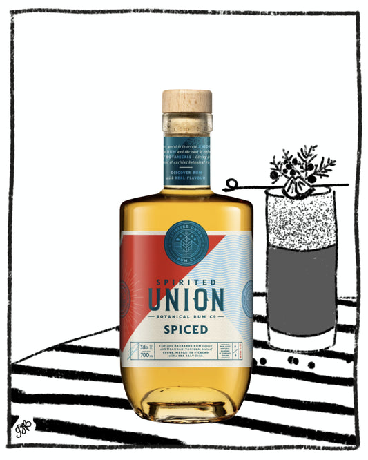 Bottle of Spirited Union Spiced Rum on a white background with a glass and herbs illustration.