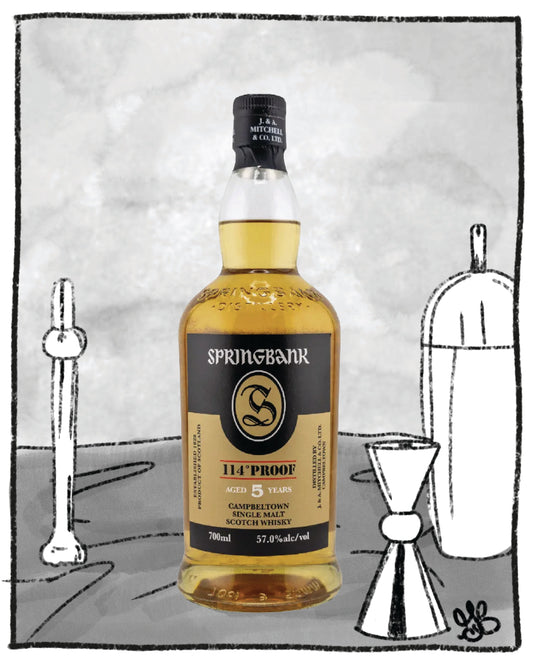 Springbank whisky bottle with a black and white illustration of bar tools in the background