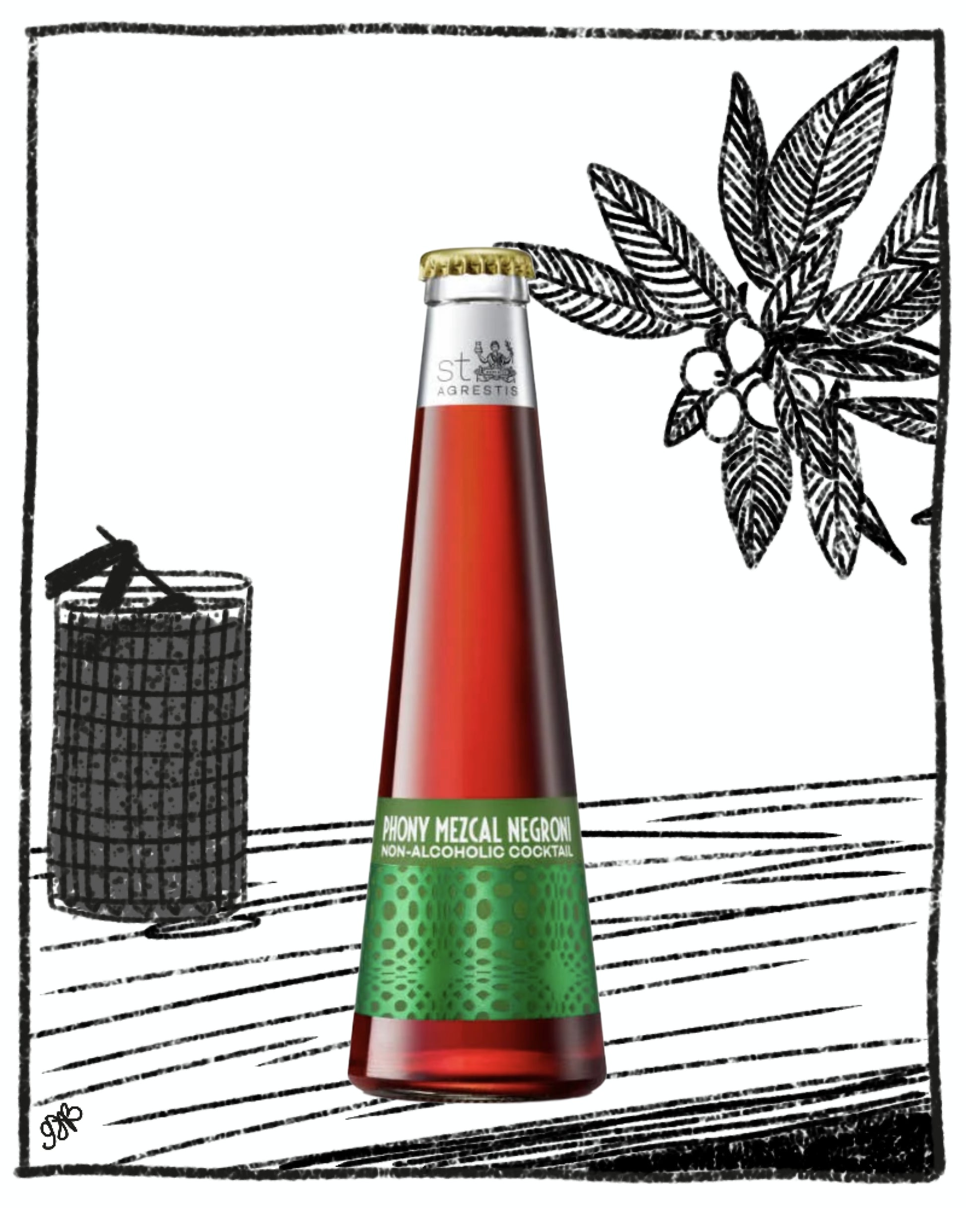 Bottle of non-alcoholic cocktail with a green label on a white background