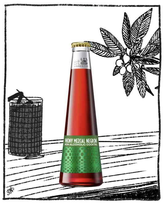 Bottle of non-alcoholic cocktail with a green label on a white background