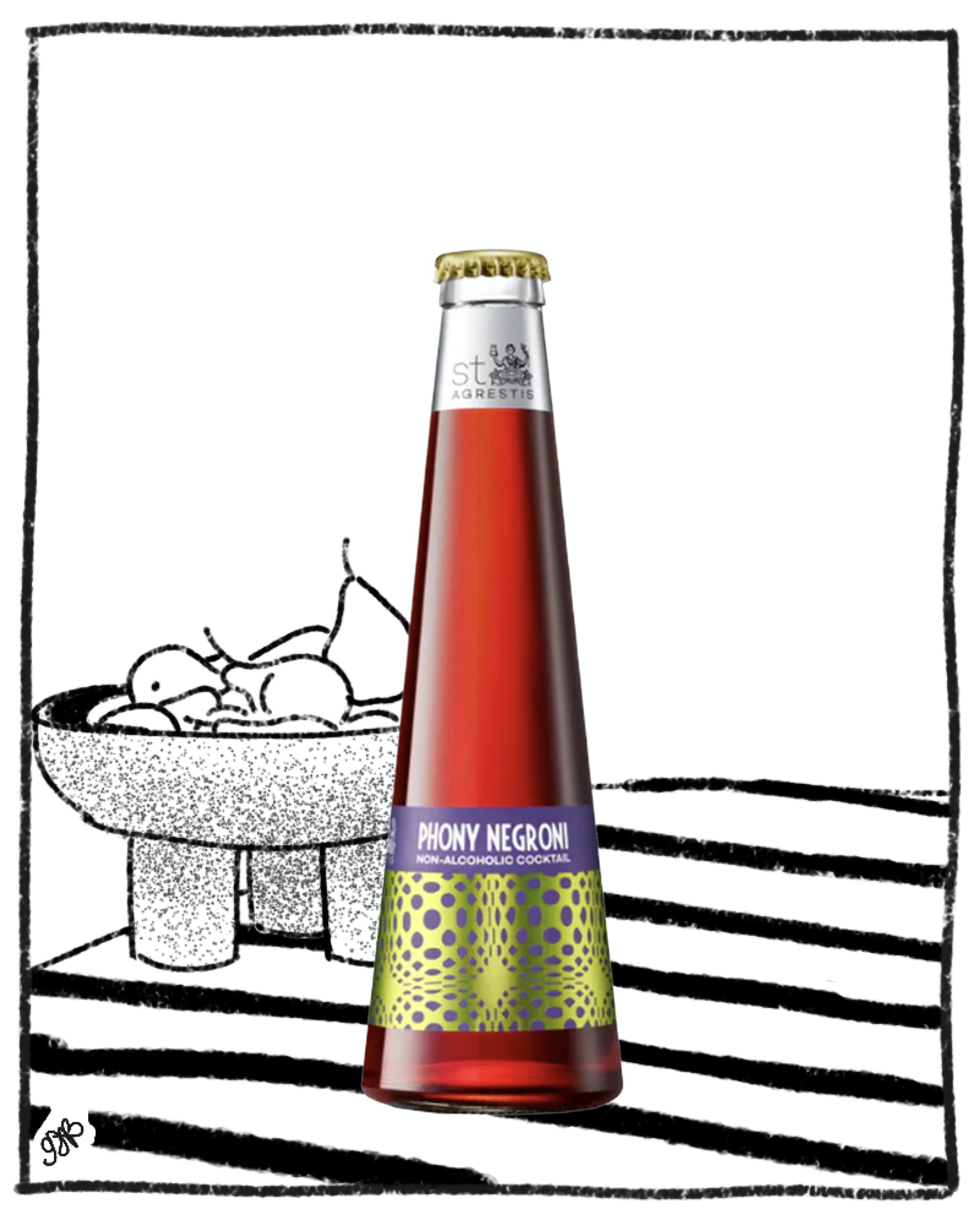 Bottle of Pruny Negroni cocktail on a white background with black line art.