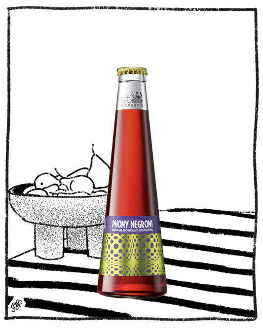 Bottle of Pruny Negroni cocktail on a white background with black line art.
