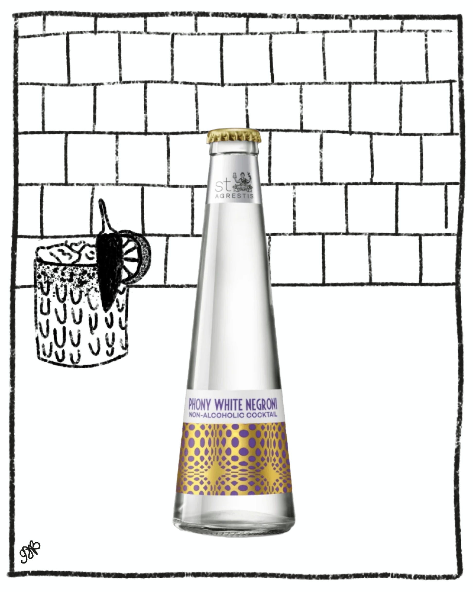 Bottle of Prosecco White Negroni on a tiled background with a cup and pepper illustration.