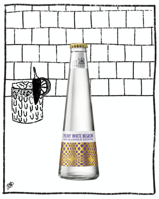 Bottle of Prosecco White Negroni on a tiled background with a cup and pepper illustration.