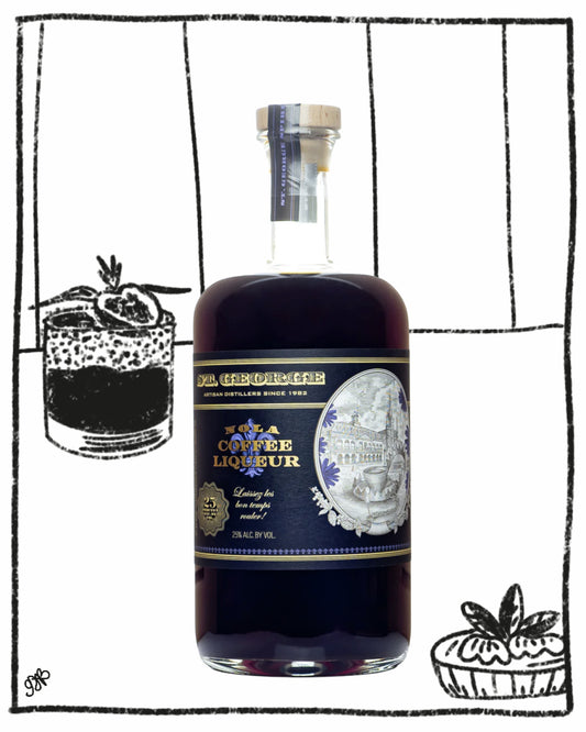 Bottle of coffee liqueur with a decorative label on a white background