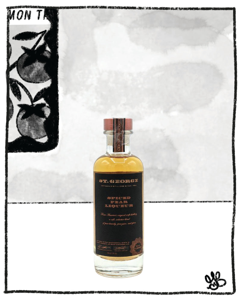 Bottle of St. George Rum on a white background with black border