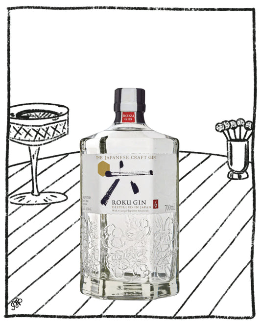 Bottle of Roku Gin with a stylized drawing of a bar setting in the background
