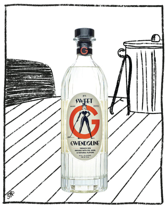 Bottle of Gwendoline gin with a black and white illustration style.