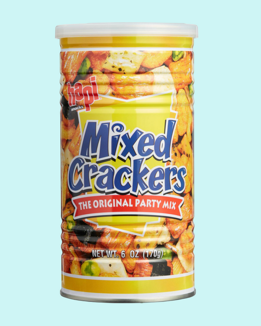 Can of mixed crackers with yellow label on a white background