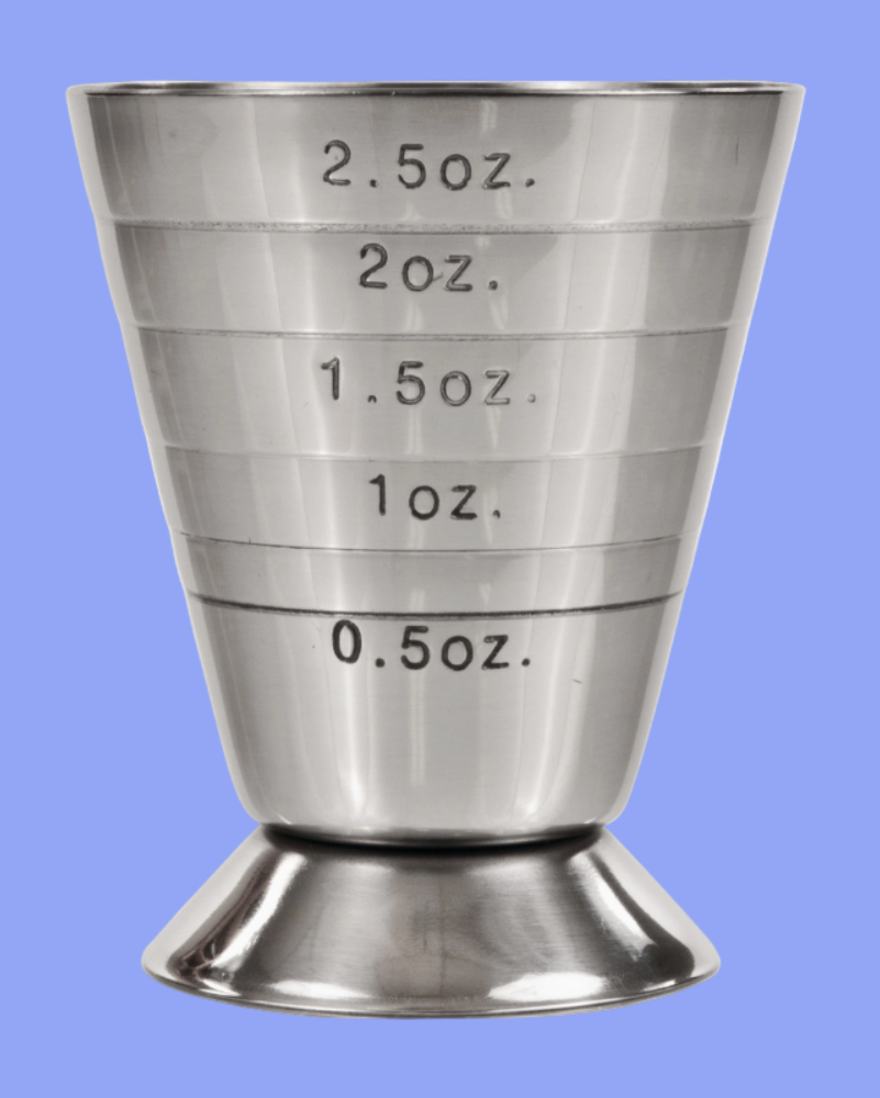 Metallic measuring cup with volume markings on a blue background