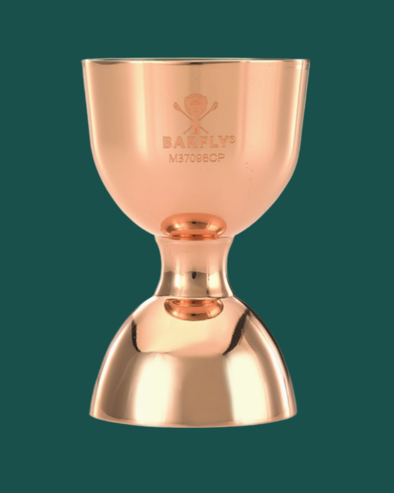 Rose gold bar tool with 'Barfly' branding on a white background