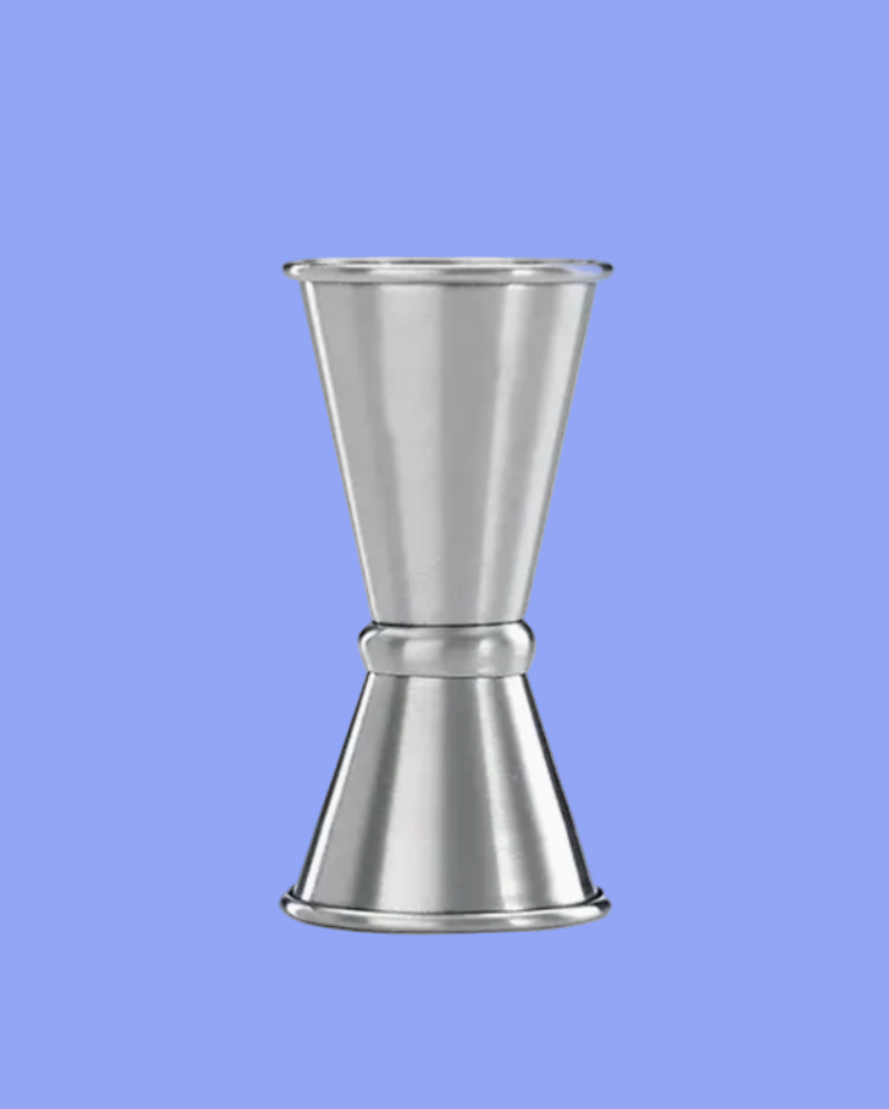 Metallic jigger on a solid blue background