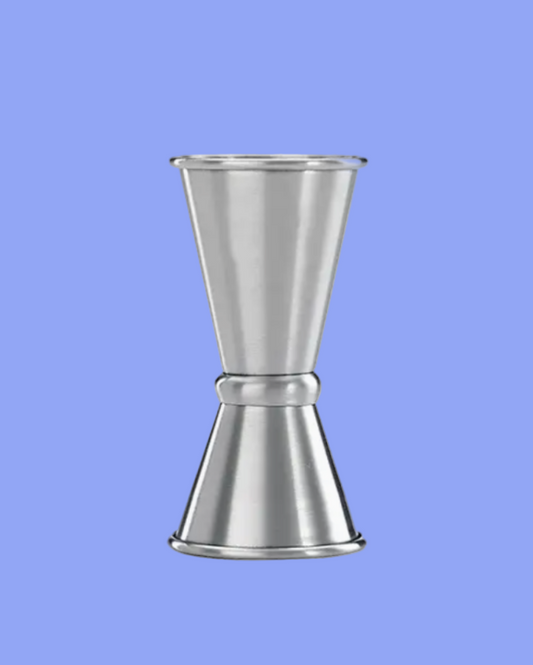 Metallic jigger on a solid blue background