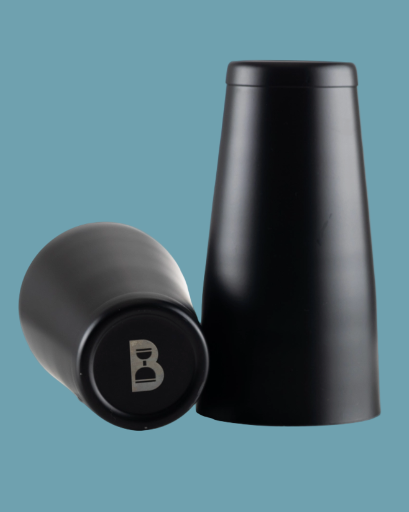 Black thermos bottles with a visible brand logo on a blue background